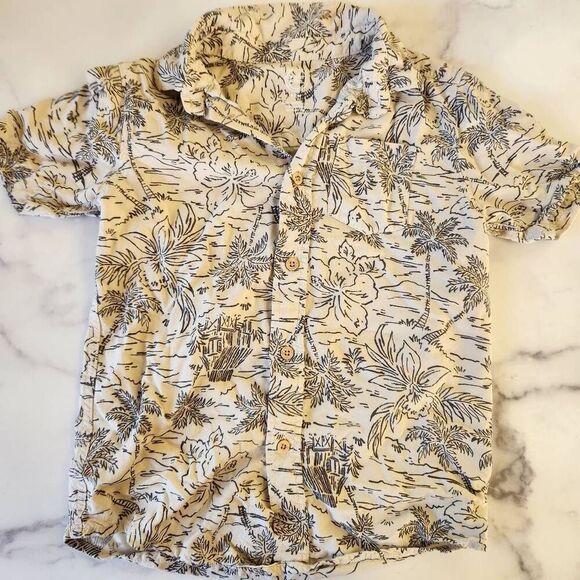 Wonder nation boys 6-7 cream taupe floral hibiscus Hawaiian button up shirt - Picture 1 of 5